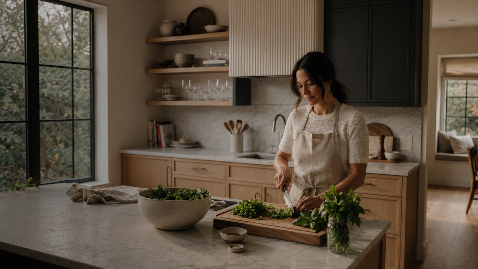 Daily Kitchen Basics — a home cook chopping fresh green vegetables