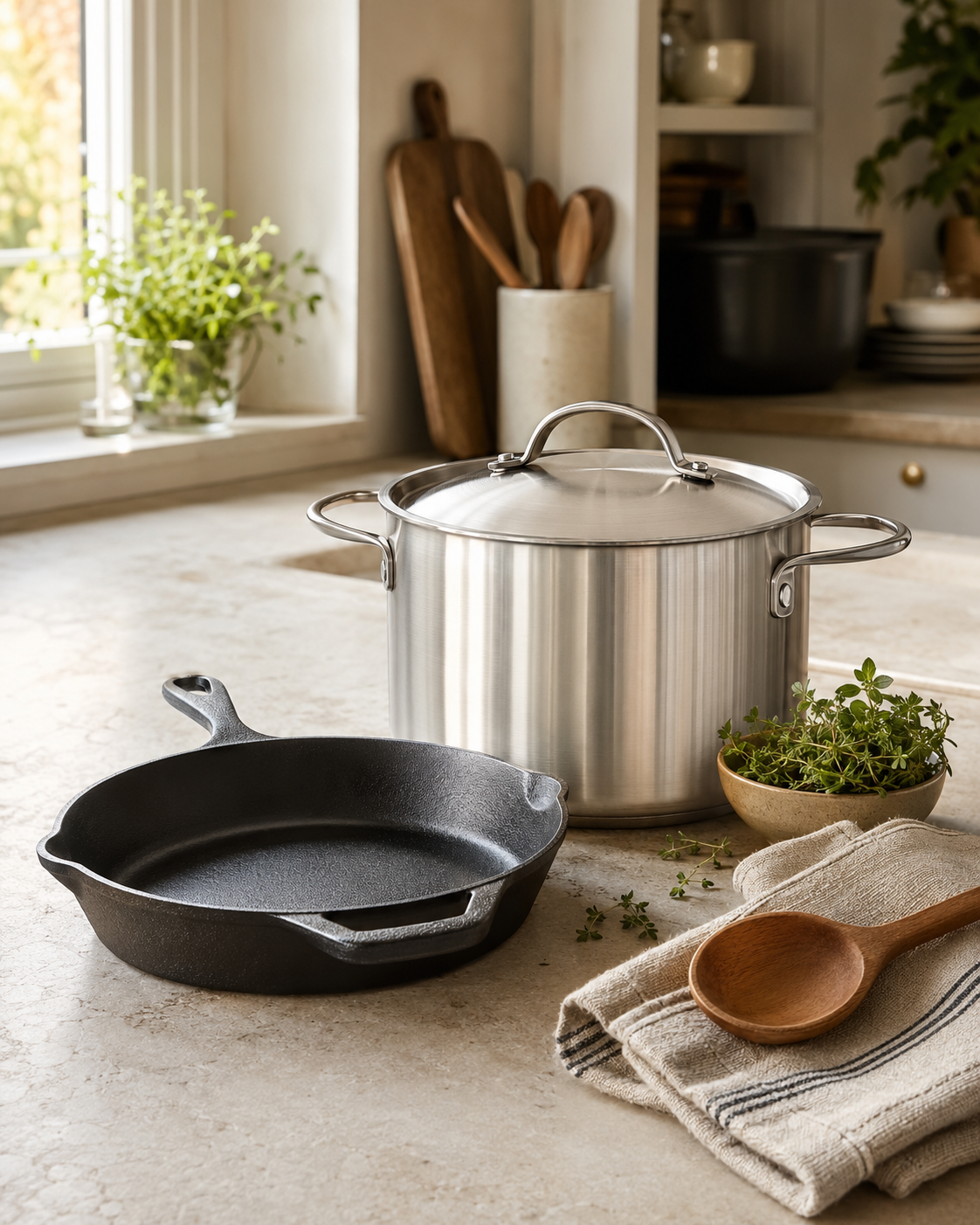 Stainless steel stockpot and cast iron skillet on a warm kitchen counter