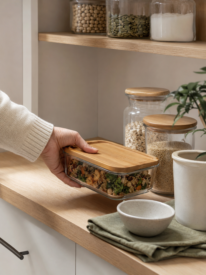 Placing a glass meal prep container in an organized kitchen pantry