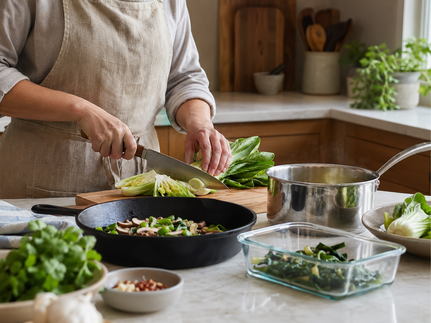Preparing vegetables with cookware and food storage in a home kitchen