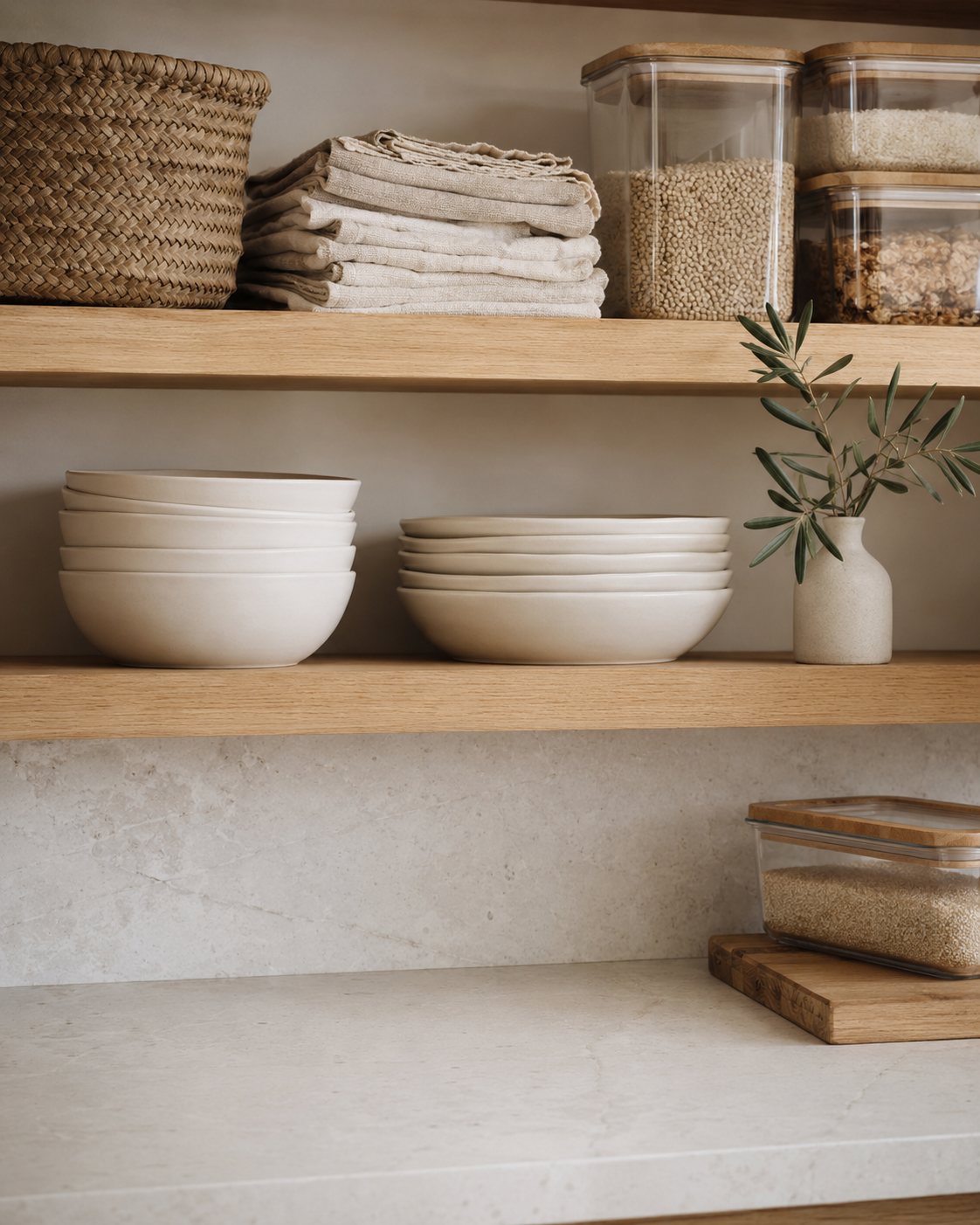Organized kitchen shelves with bowls, plates, and pantry containers